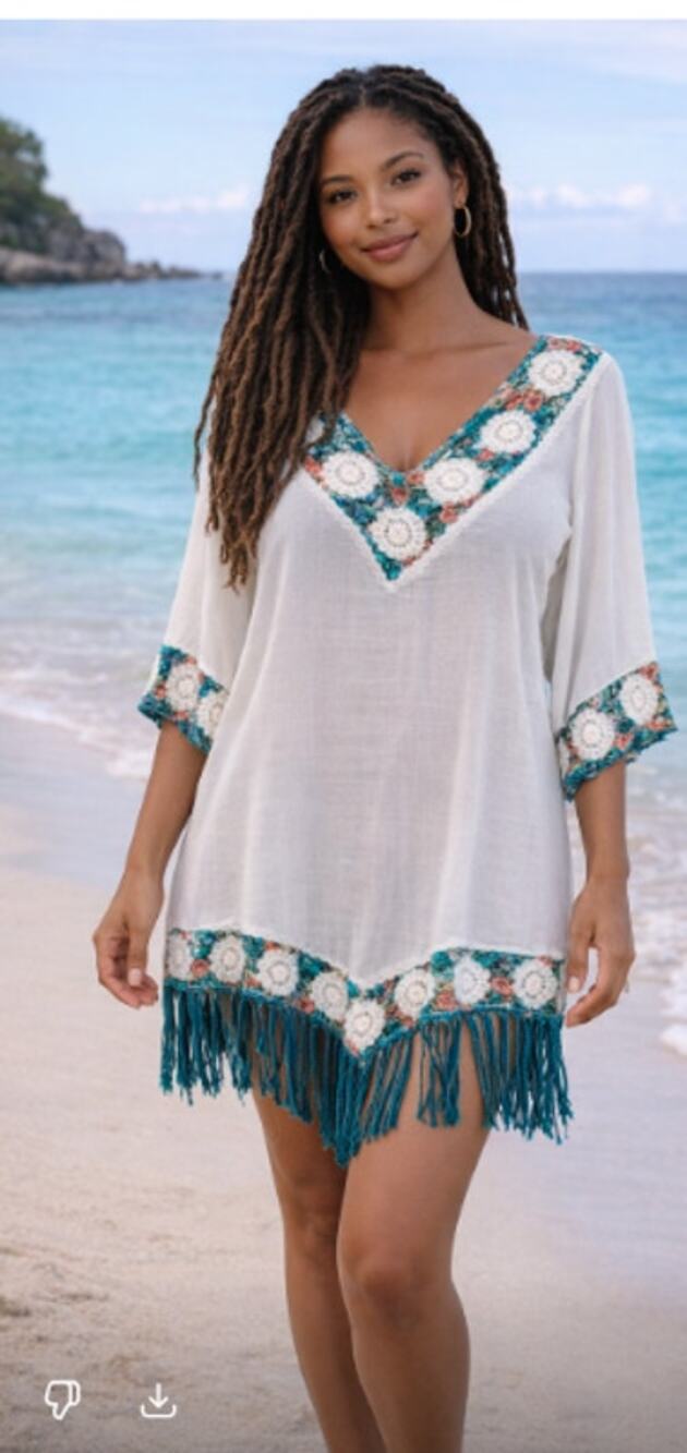 Hand-Crocheted Bikini Cover-Up White with Rainbow Jamaican Yarn Summer Small